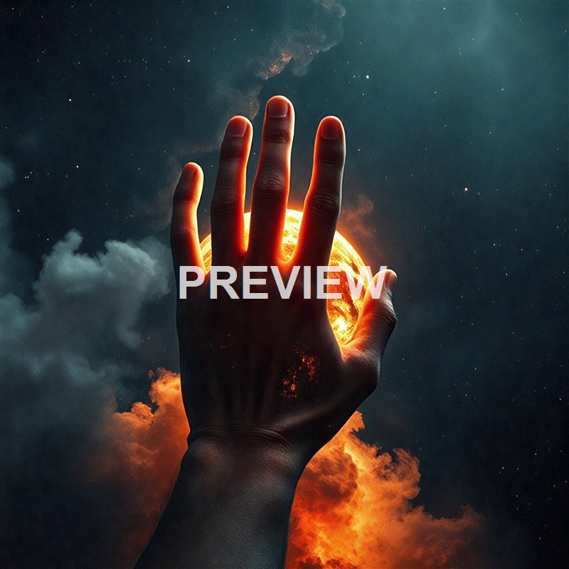 A human hand reaching out towards a glowing, fiery sun set against a starry night sky with clouds.